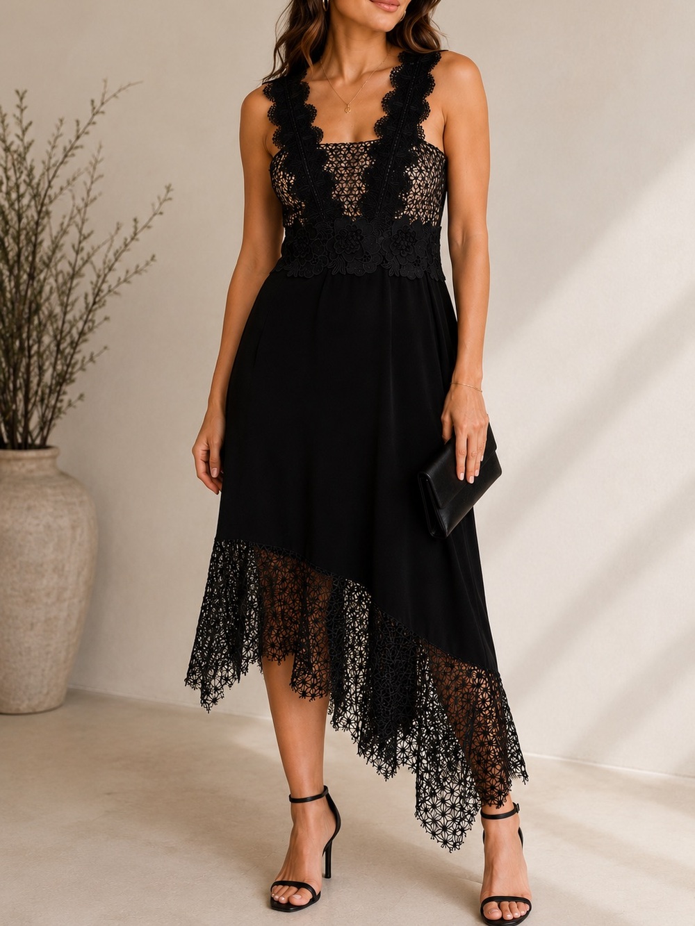 Unitedwood Black Lace Illusion Floral Appliqué Asymmetrical Cocktail Dress